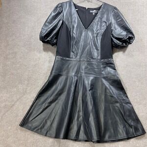 Karl Lagerfeld Paris Faux Leather Studded V Neck Goth Fit Flare Dress Sz12